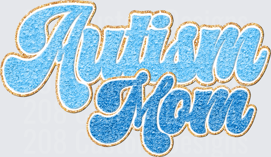 Autism Mom Blue Script Lettering with Gold Glitter Outline