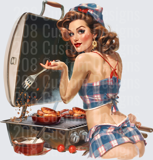 Retro Pin-Up Girl BBQ Grilling in Blue Plaid Bikini