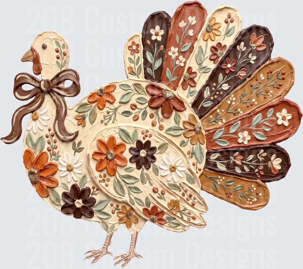Boho Floral Turkey with Bow Autumn Harvest Thanksgiving