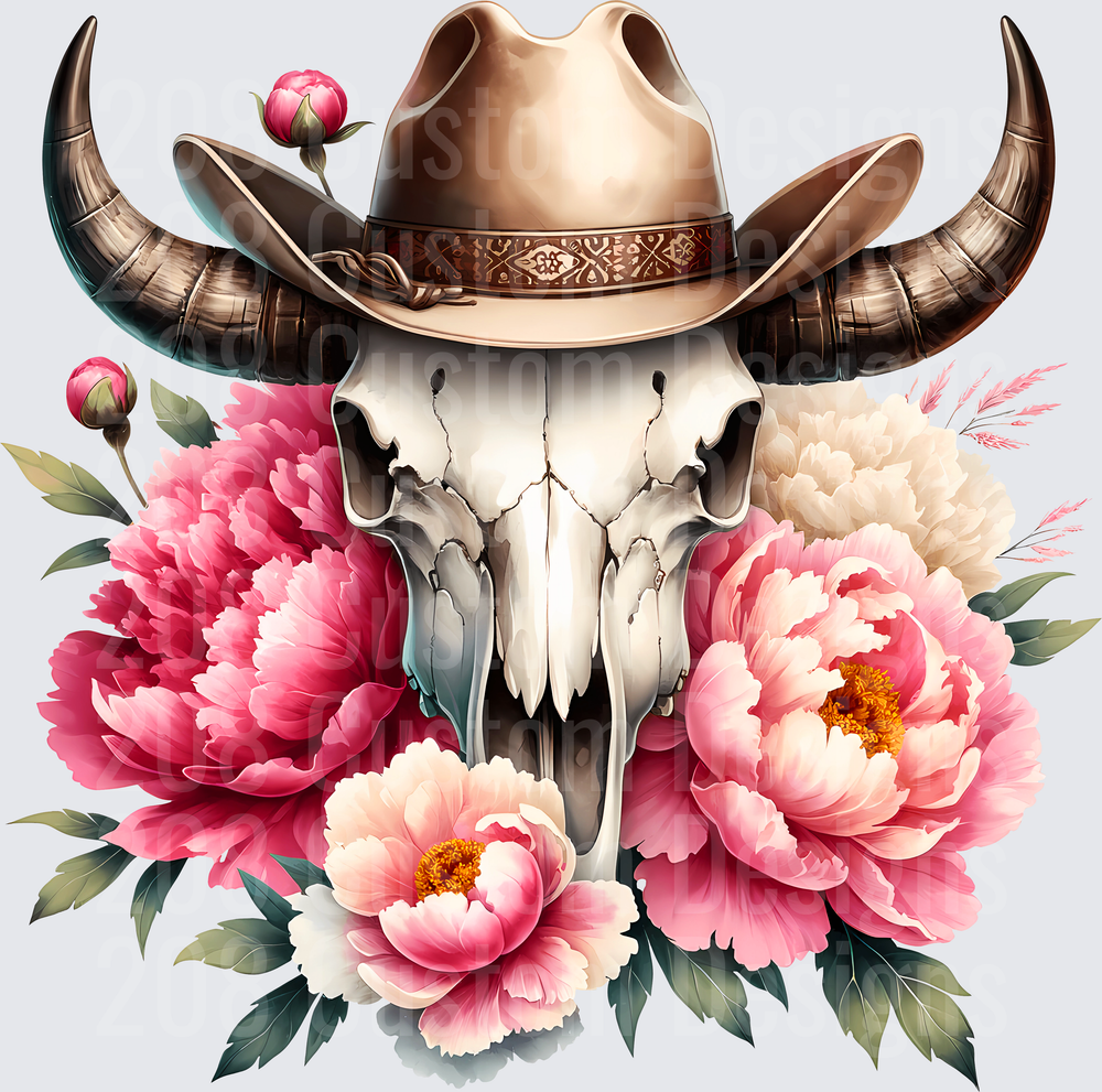 Longhorn Bull Skull with Cowboy Hat and Pink Peonies Floral