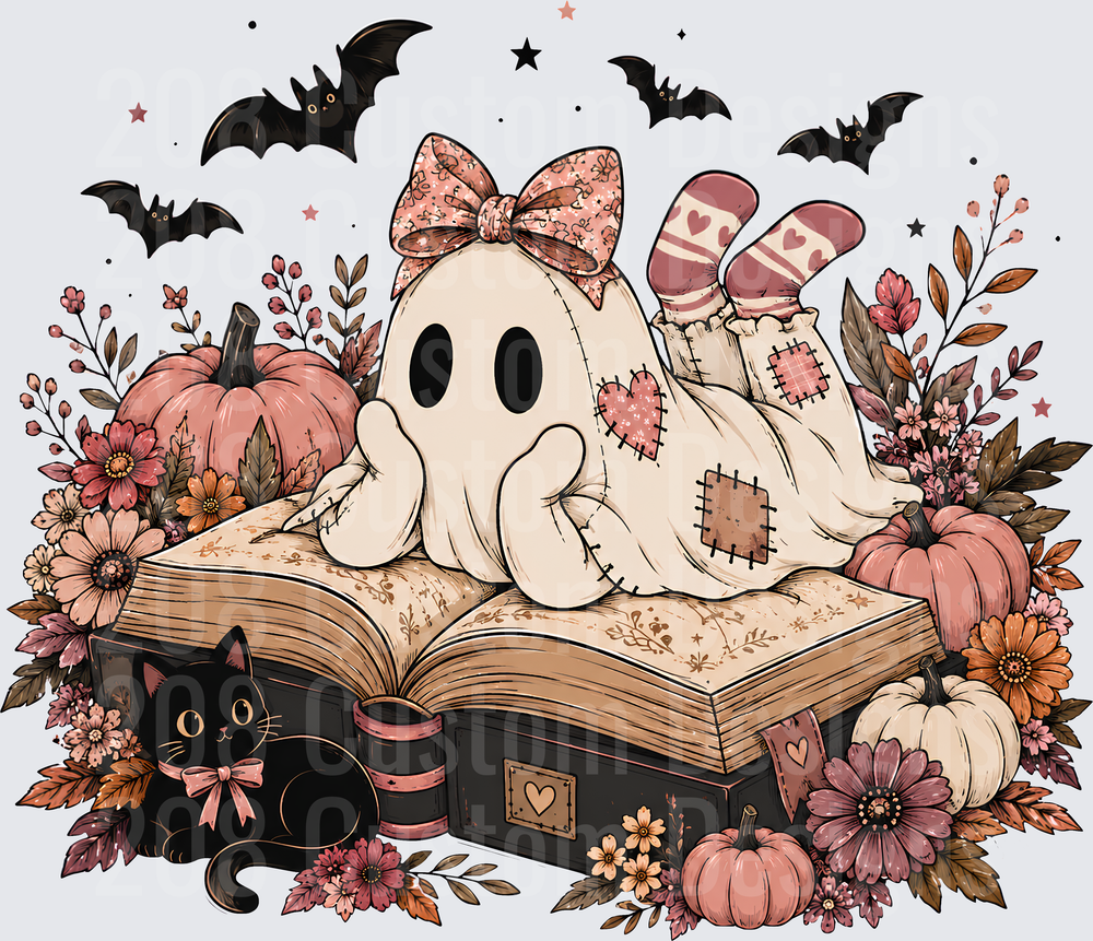 Cute Ghost Girl Reading on Spell Book Halloween Floral Bats