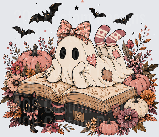 Cute Ghost Girl Reading on Spell Book Halloween Floral Bats