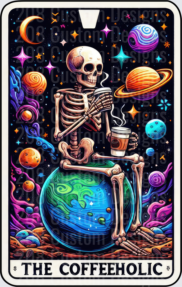 The Coffeeholic Tarot Card Skeleton Drinking Coffee in Space