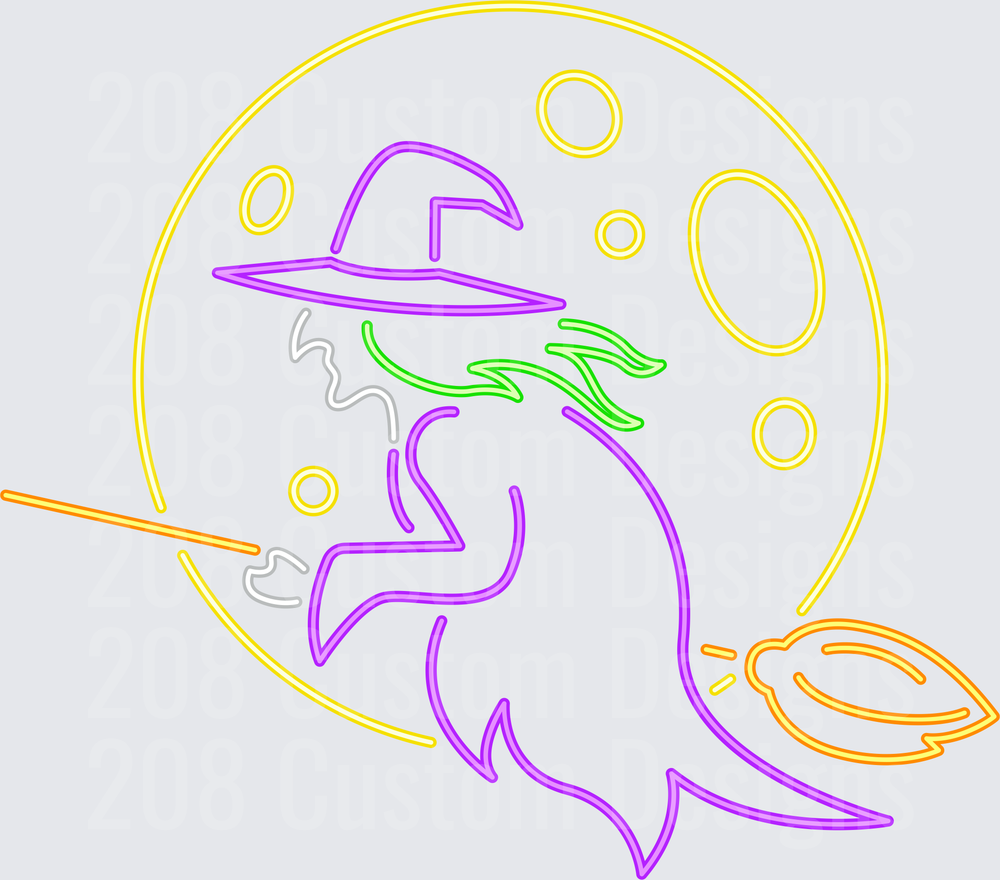 Neon Halloween Witch Flying on Broomstick Full Moon