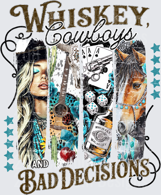 Whiskey Cowboys and Bad Decisions Western Collage with Woman Guitar Horse Cards