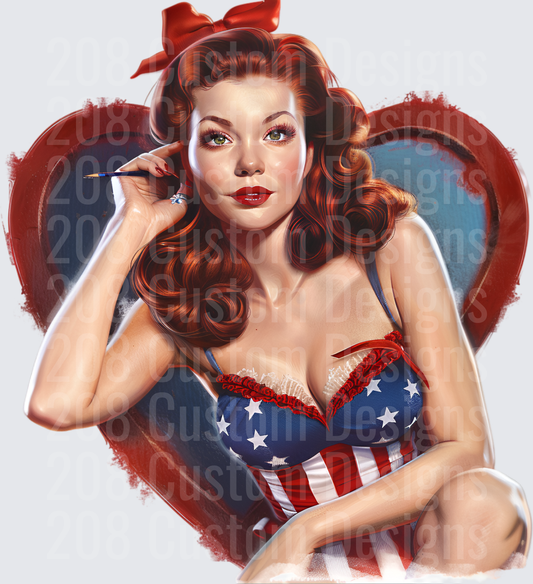 Pin-Up Girl in Patriotic American Flag Outfit with Red Heart