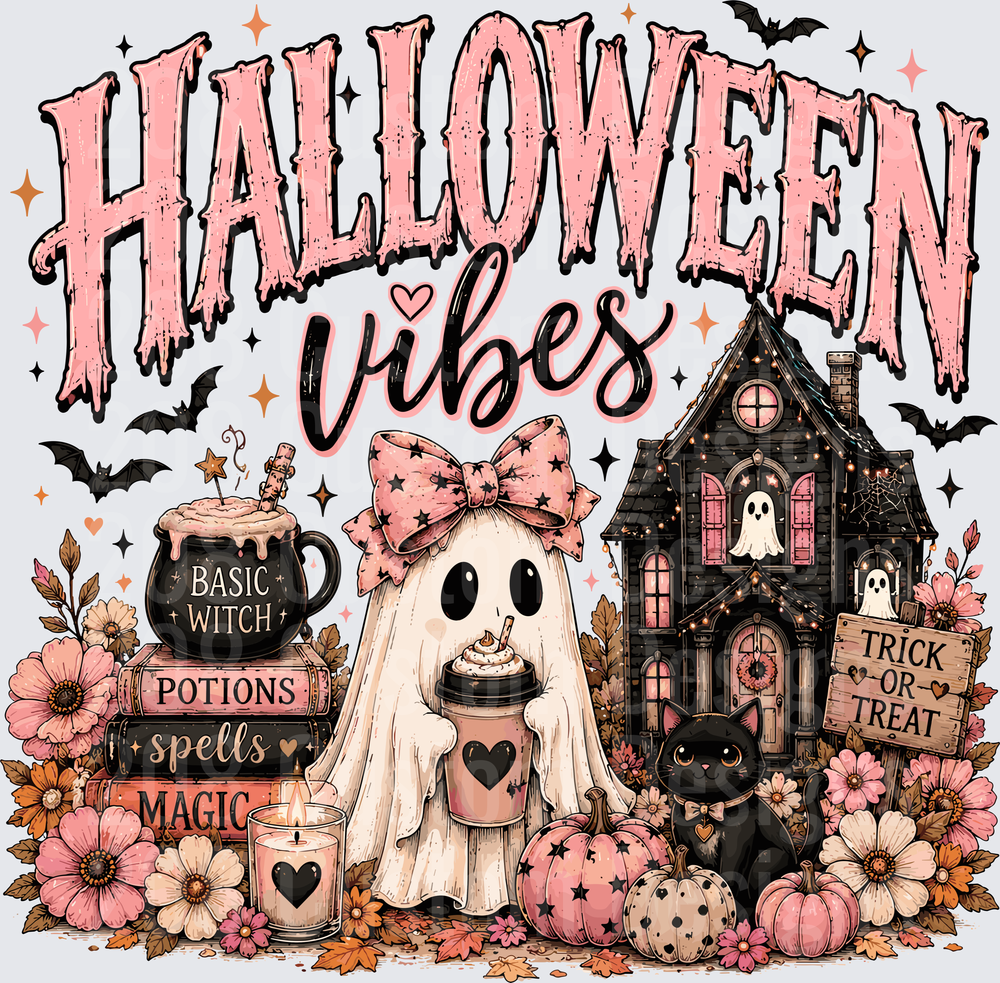 Halloween Vibes Cute Ghost with Coffee Pink Bow Haunted House