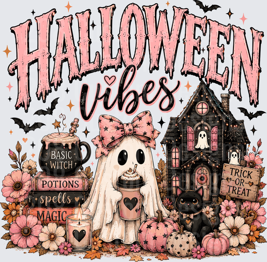 Halloween Vibes Cute Ghost with Coffee Pink Bow Haunted House
