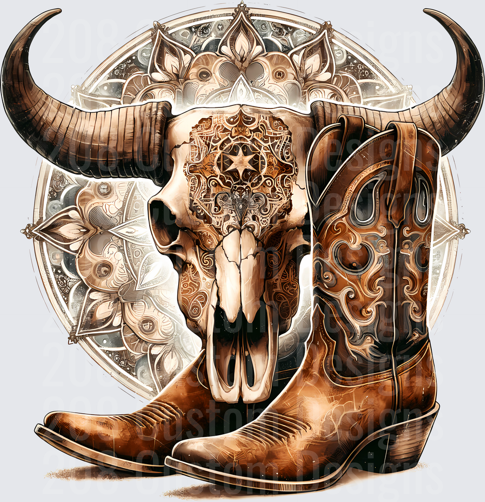 Western Bull Skull with Ornate Mandala and Cowboy Boots