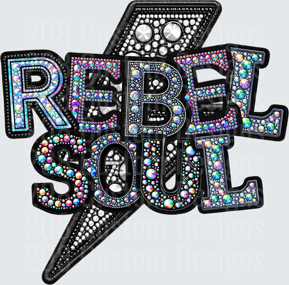 Rebel Soul Rhinestone Lightning Bolt Text Design