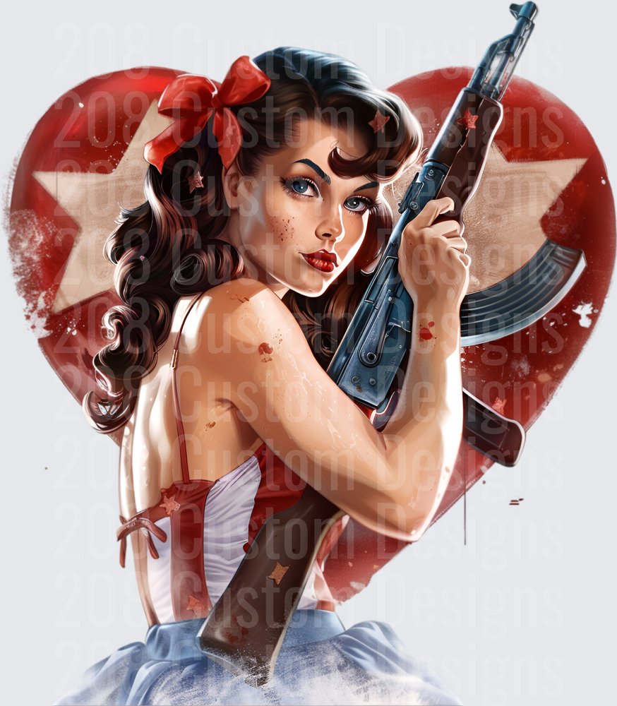 Vintage Pin-Up Girl with AK-47 Rifle Red Heart Background