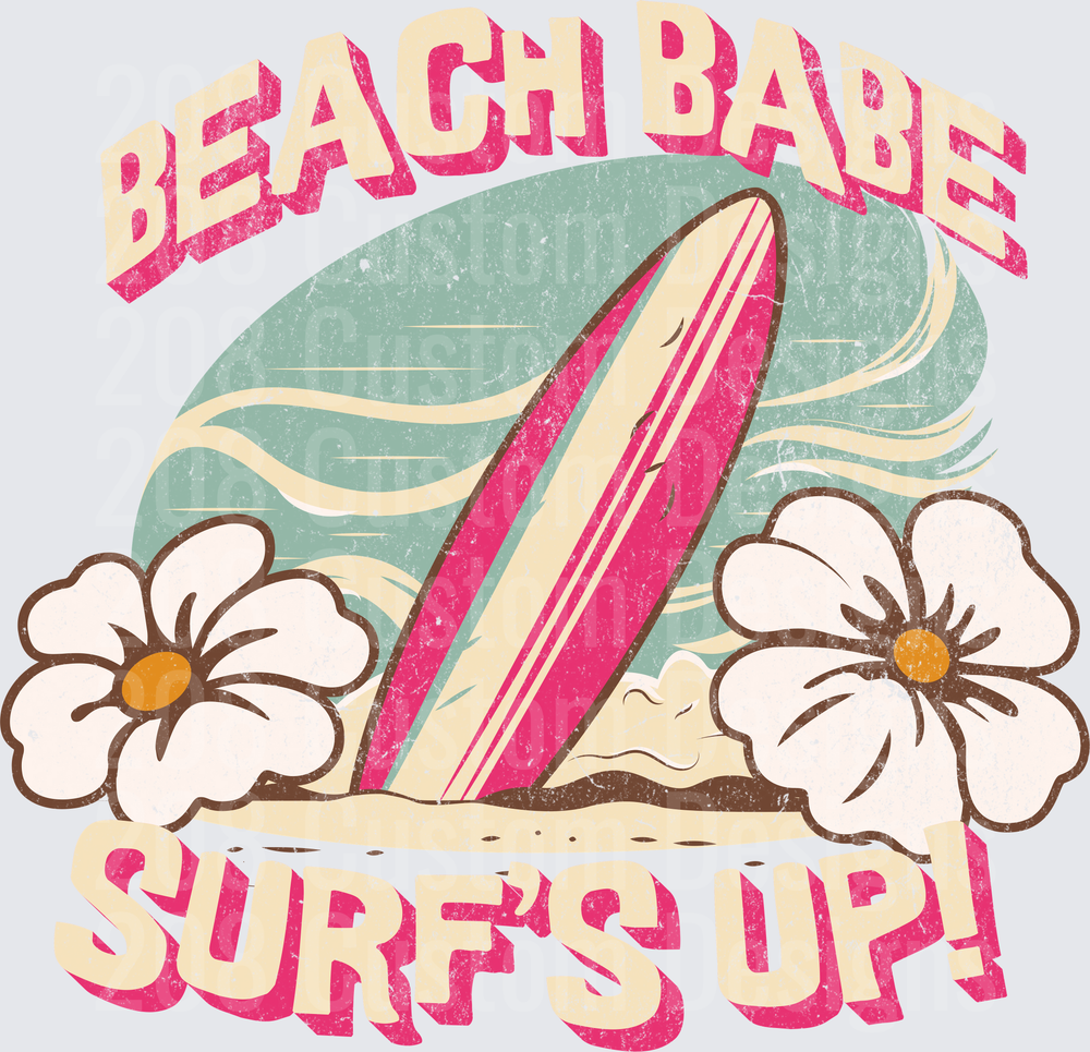 Beach Babe Surf's Up Retro Surfboard and Hibiscus Flowers