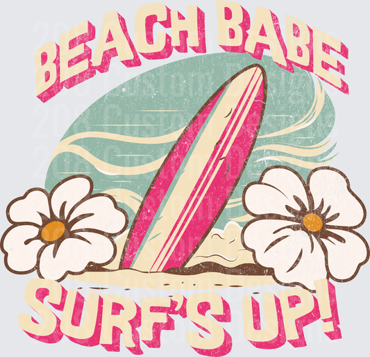 Beach Babe Surf's Up Retro Surfboard and Hibiscus Flowers