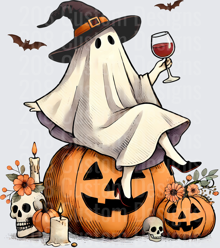 Witch Hat Ghost Sitting on Jack-O-Lantern Holding Wine