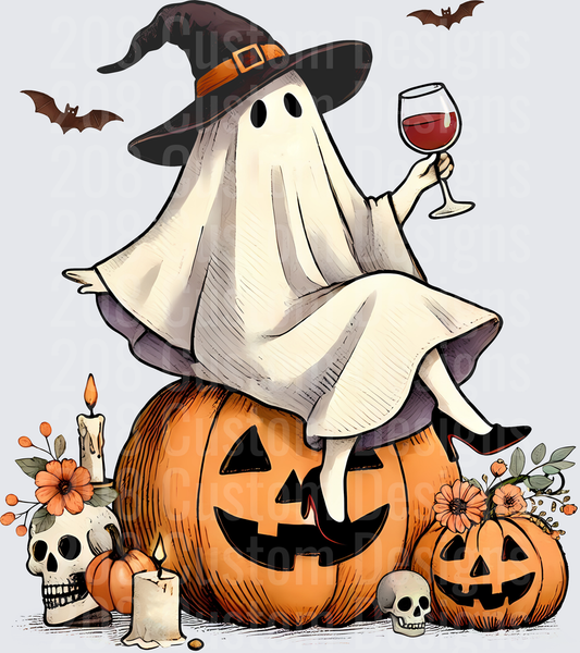 Witch Hat Ghost Sitting on Jack-O-Lantern Holding Wine