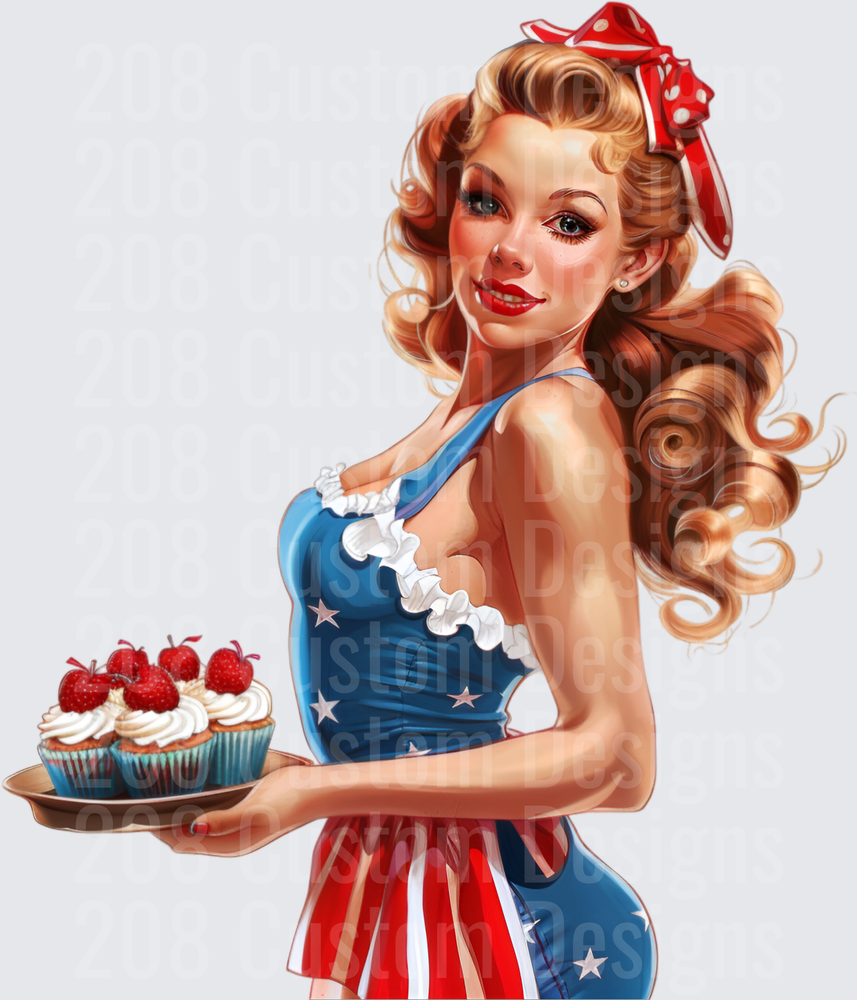 Vintage Pin-Up Girl with Patriotic Apron Holding Strawberry Cupcakes