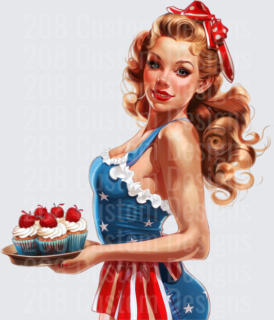 Vintage Pin-Up Girl with Patriotic Apron Holding Strawberry Cupcakes