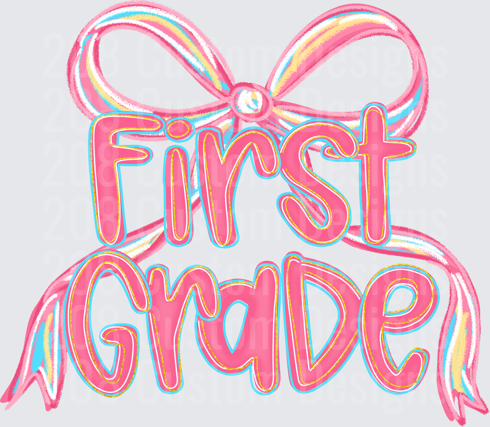 First Grade Pink Coquette Bow Ribbon Typography