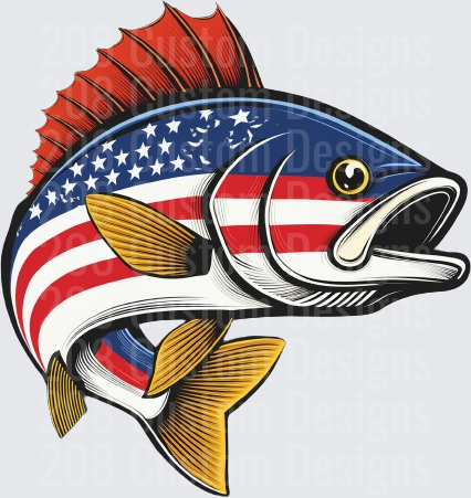 Patriotic Bass Fish with American Flag Pattern and Red Dorsal Fin