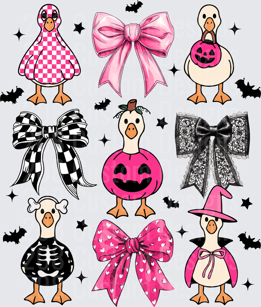 Halloween Coquette Geese with Pink Bows and Costumes