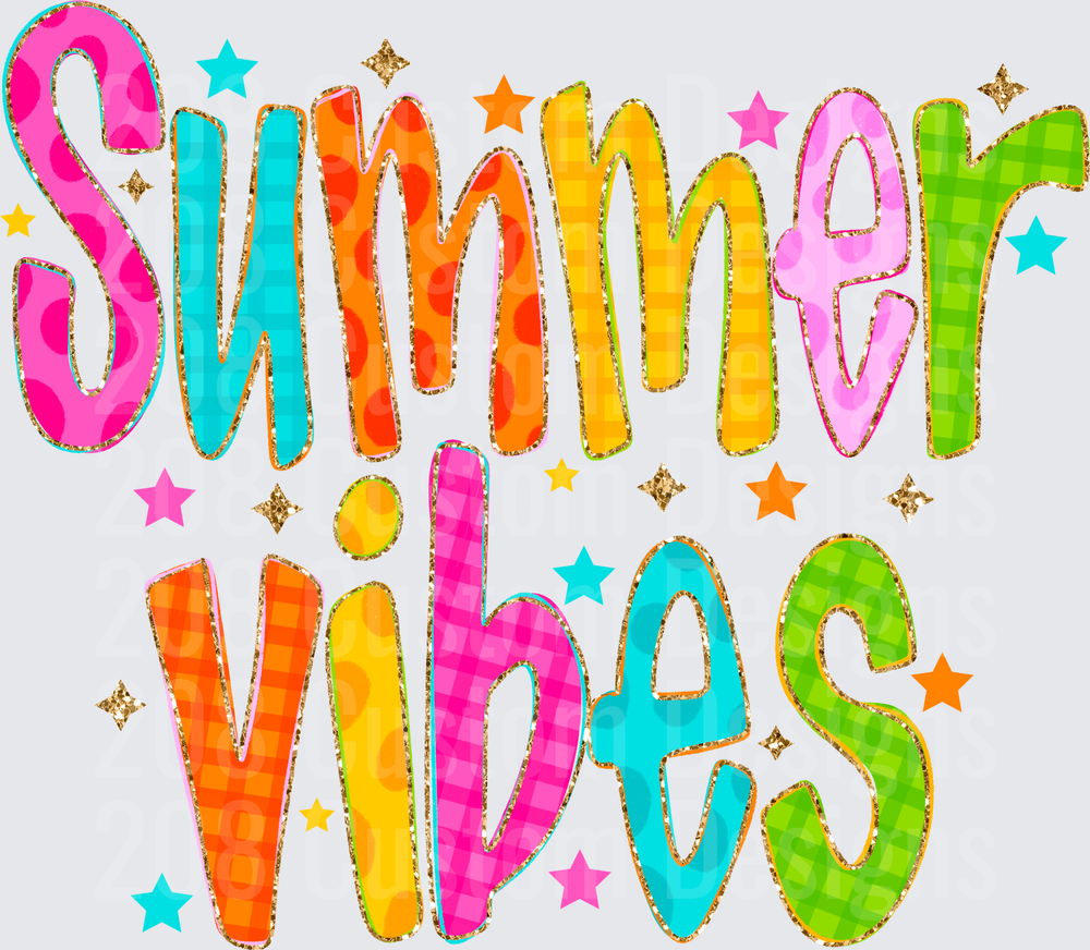 Colorful Summer Vibes Text with Rainbow Letters and Stars