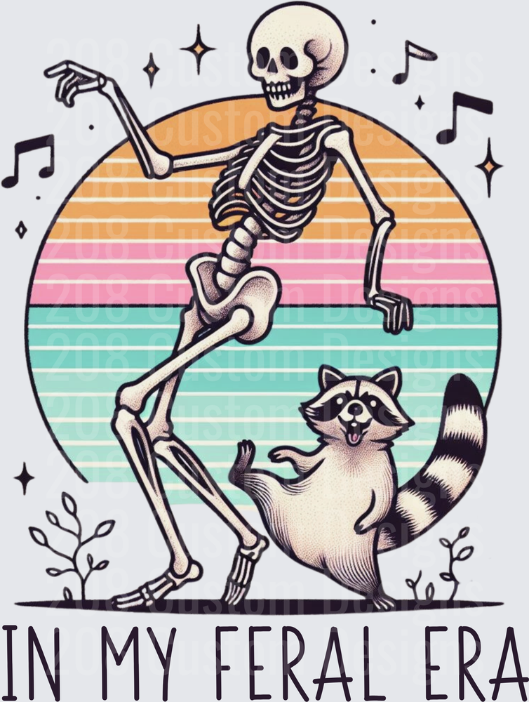 Dancing Skeleton with Raccoon In My Feral Era Retro Sunset