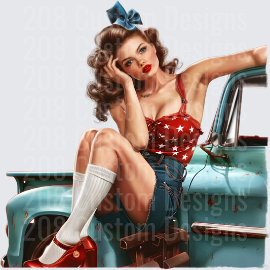 Vintage Pin-Up Girl with Blue Hair Bow and Classic Truck