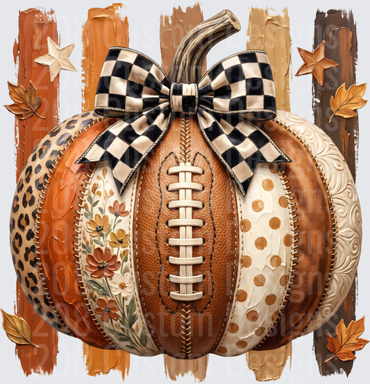 Patchwork Fall Pumpkin Football Checkered Bow Autumn Leaves