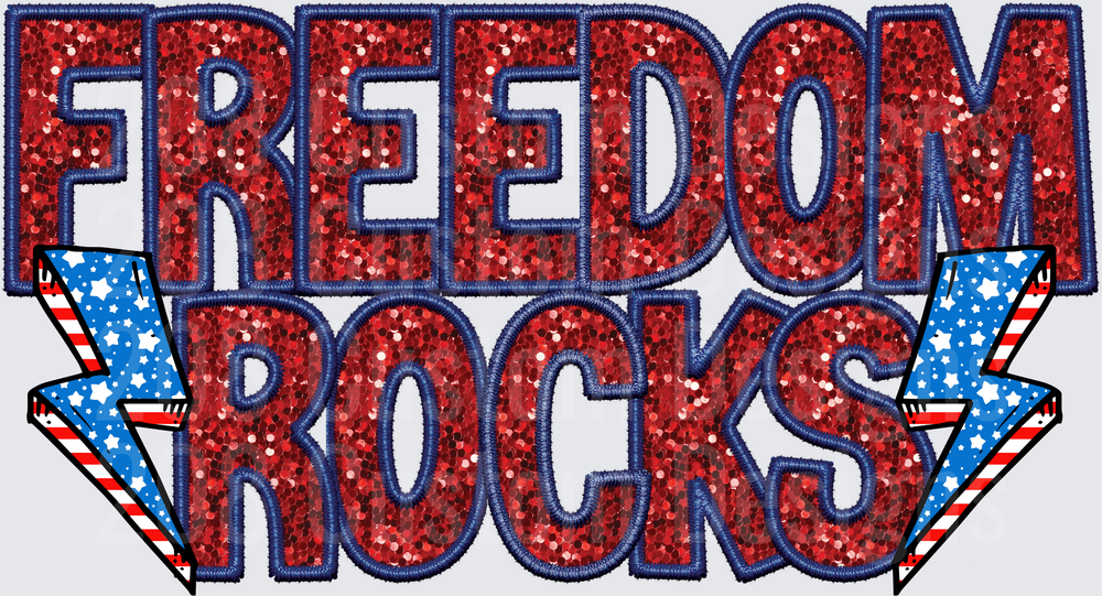 Freedom Rocks Red Sequin Glitter Text with Stars and Stripes Lightning Bolts