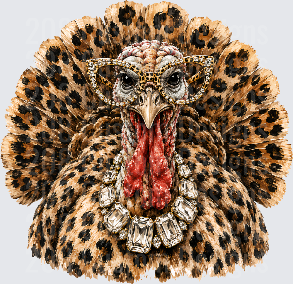 Glamorous Turkey with Leopard Print Feathers Diamond Gems