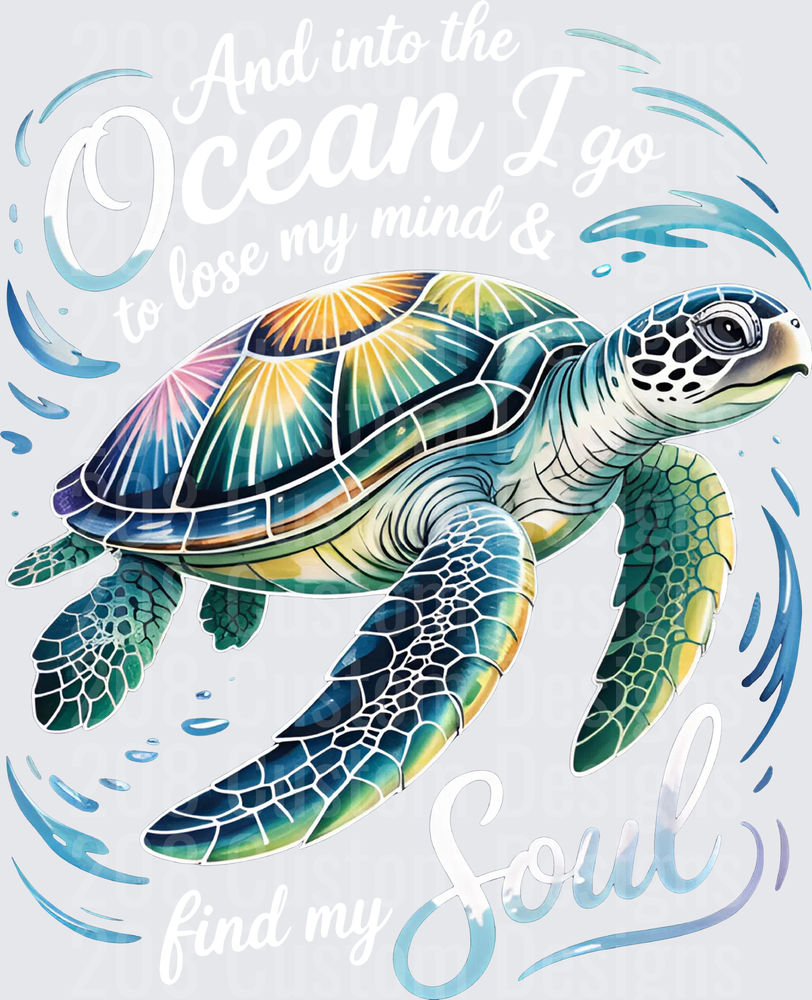 Colorful Sea Turtle Swimming with Water Swirls and Soul Text