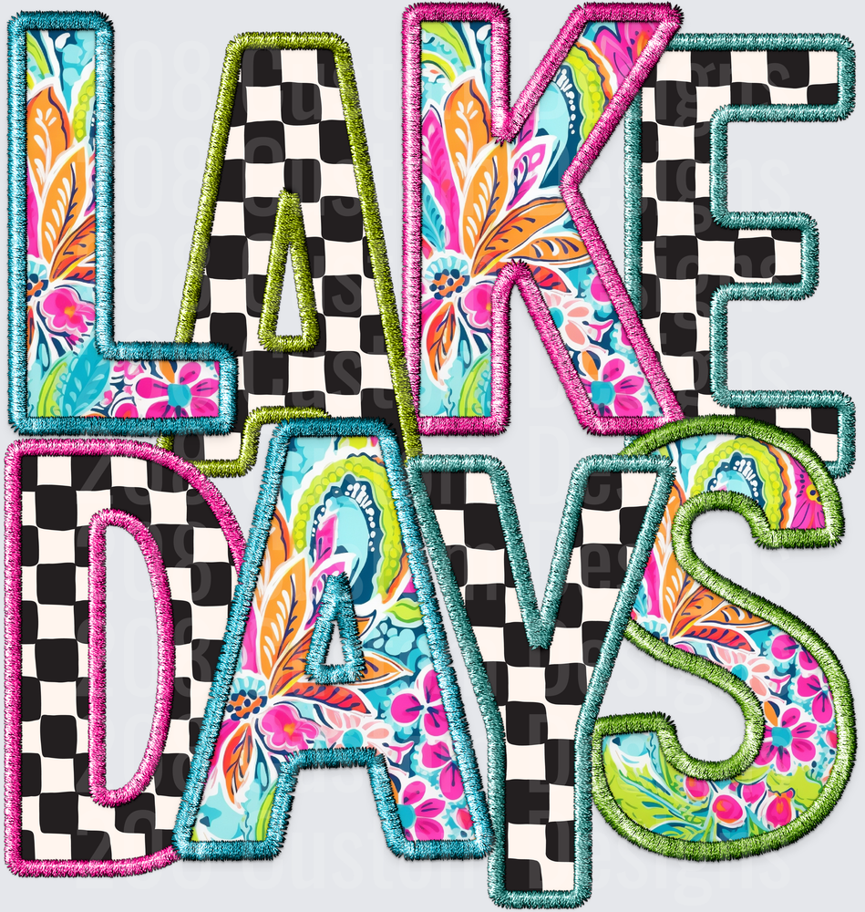 Lake Days Checkered Pattern Tropical Floral Embroidered Text