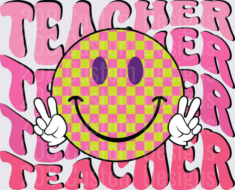 Retro Groovy Teacher Checkered Smiley Face Peace Sign