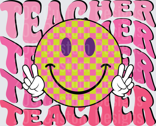 Retro Groovy Teacher Checkered Smiley Face Peace Sign