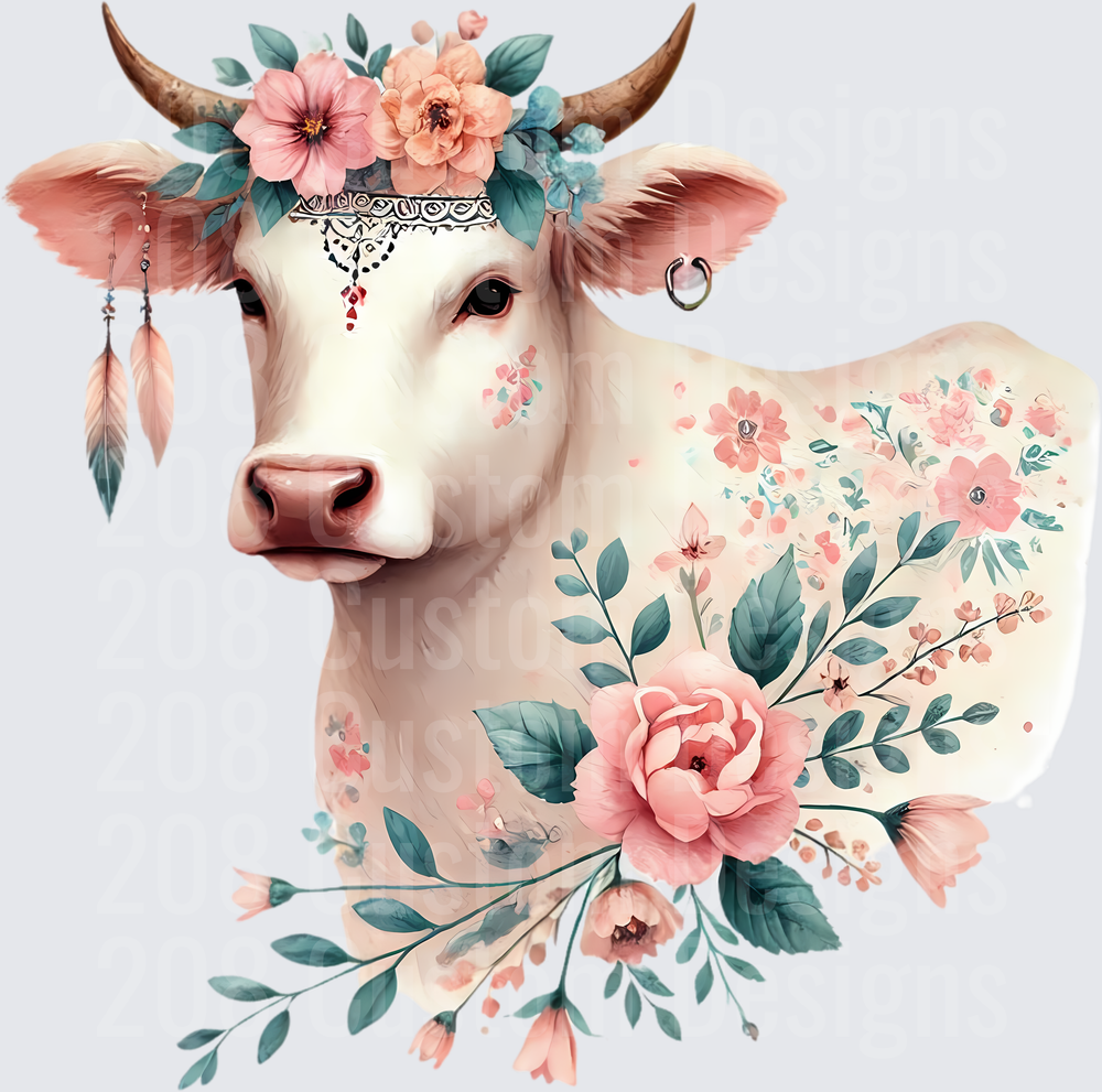 Boho Cow with Pink Floral Crown and Feather Earrings