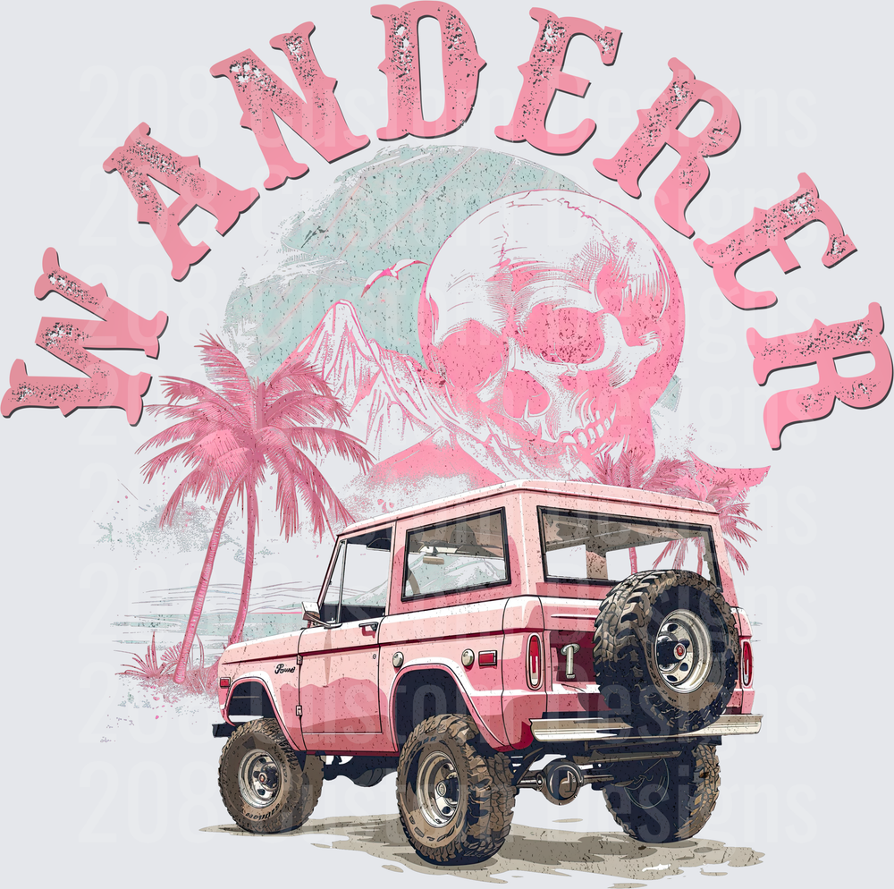 Vintage Pink Ford Bronco with Skull and Palm Trees Adventure Design