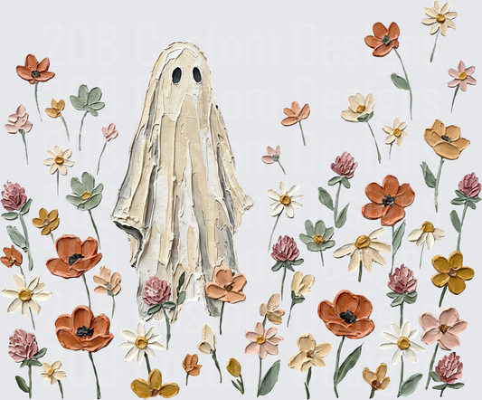 Boho Ghost In Wildflower Meadow Textured Oil Painting