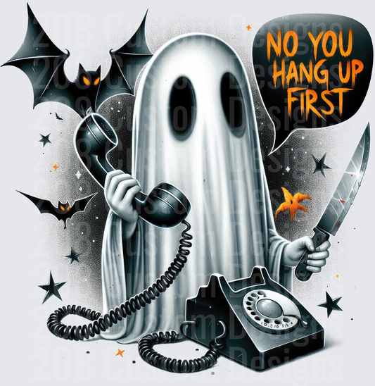 Spooky Ghost Holding Rotary Phone Knife No You Hang Up First