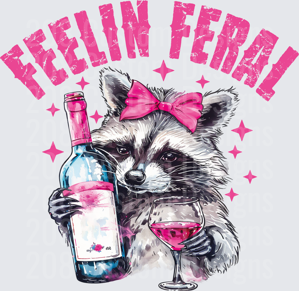 Feelin Feral Raccoon with Pink Bow Holding Wine Bottle and Glass