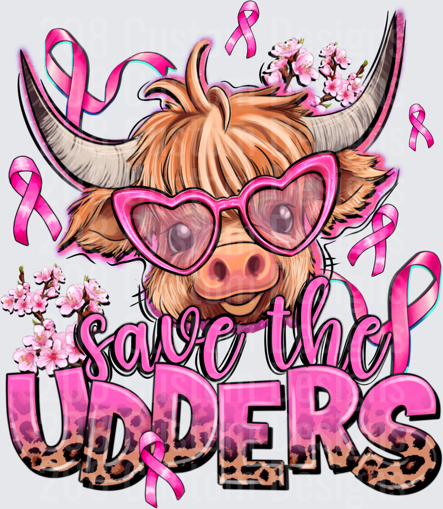 Highland Cow with Pink Heart Glasses Save the Udders Breast Cancer Awareness with Cherry Blossoms