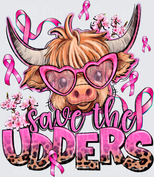 Highland Cow with Pink Heart Glasses Save the Udders Breast Cancer Awareness with Cherry Blossoms