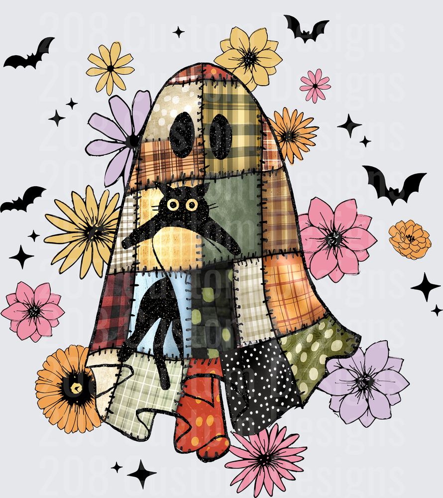 Patchwork Quilt Ghost Black Cat Floral Halloween Bats