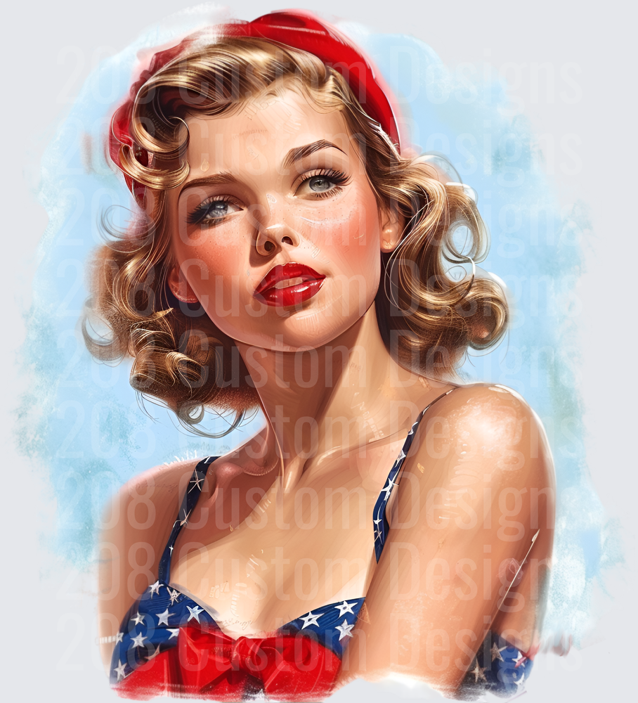 Vintage Pin-Up Girl in Patriotic Red White Blue Stars Bikini