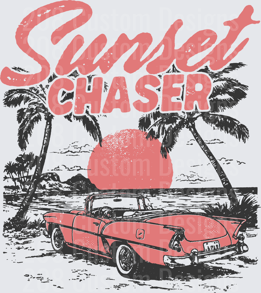Sunset Chaser Vintage Convertible Beach Scene with Palm Trees