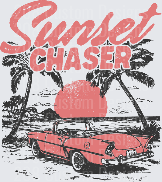 Sunset Chaser Vintage Convertible Beach Scene with Palm Trees