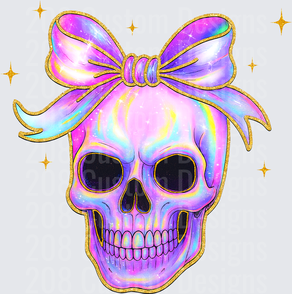 Holographic Pastel Skull with Galaxy Bow and Gold Sparkles