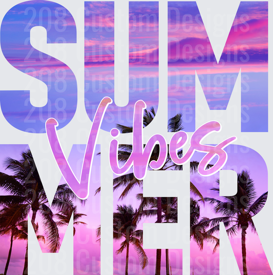 Summer Vibes Typography with Tropical Palm Tree Sunset Sky