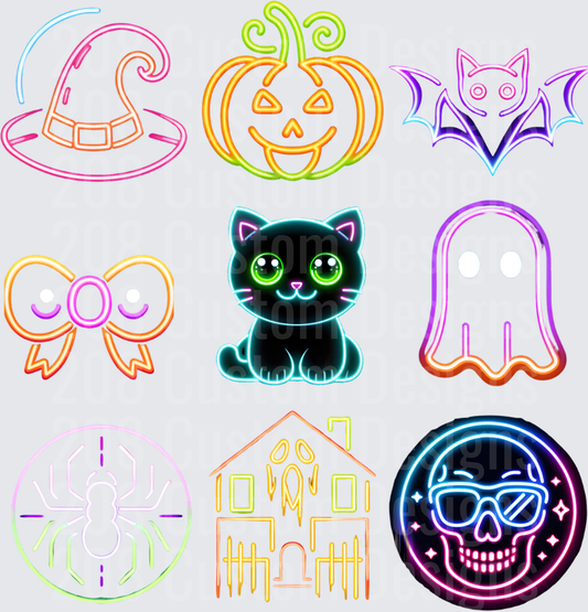 Neon Halloween Witch Hat Pumpkin Bat Ghost Cat Skull