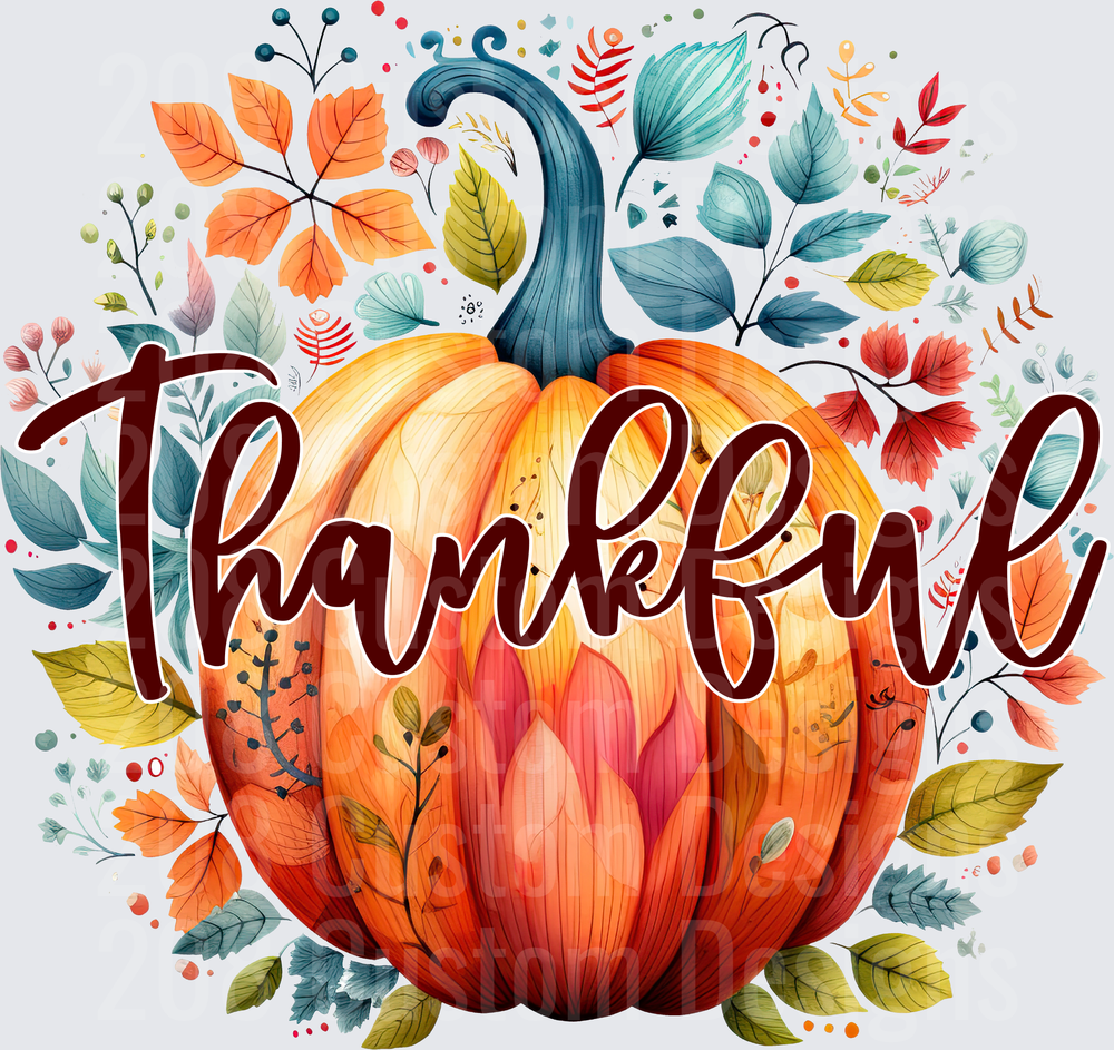 Thankful Watercolor Pumpkin Autumn Leaves Floral Fall