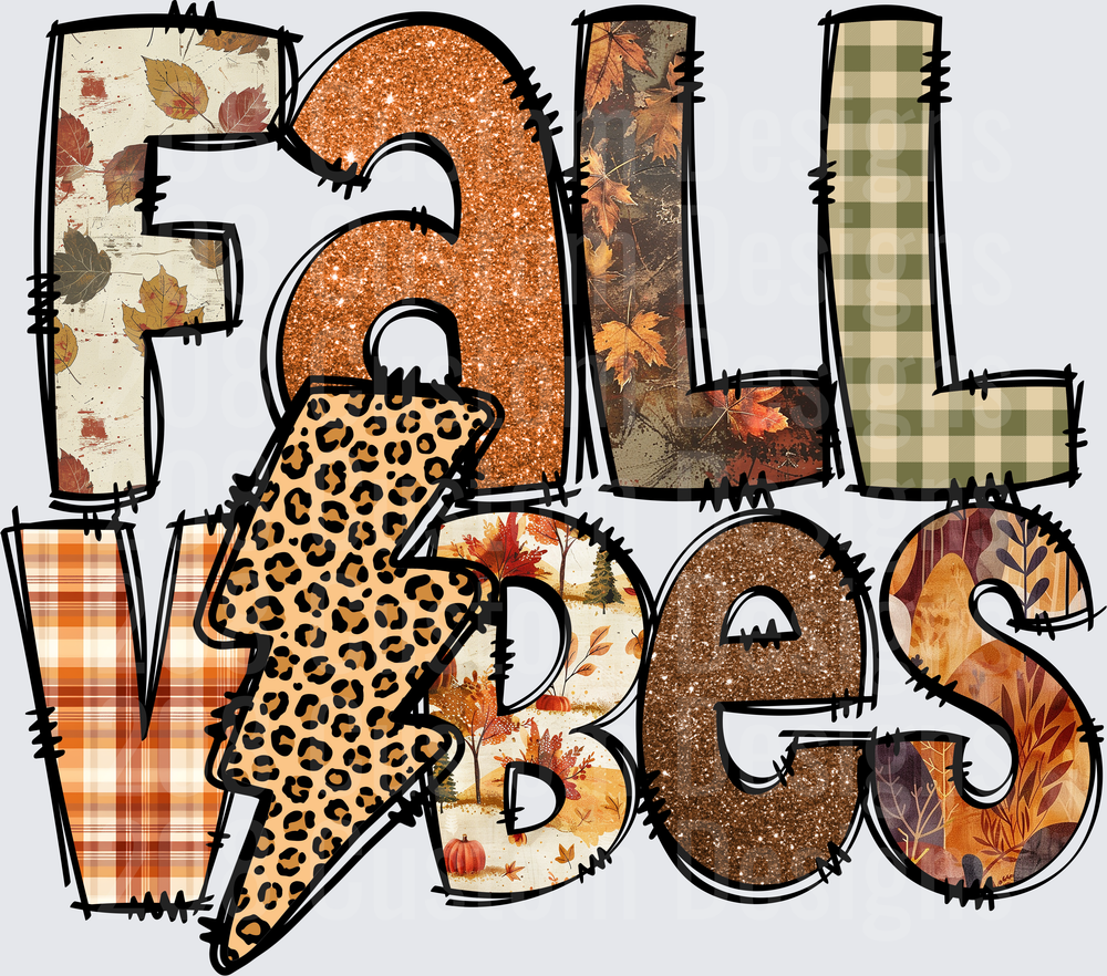 Fall Vibes Text with Autumn Leaves and Leopard Print Lightning Bolt